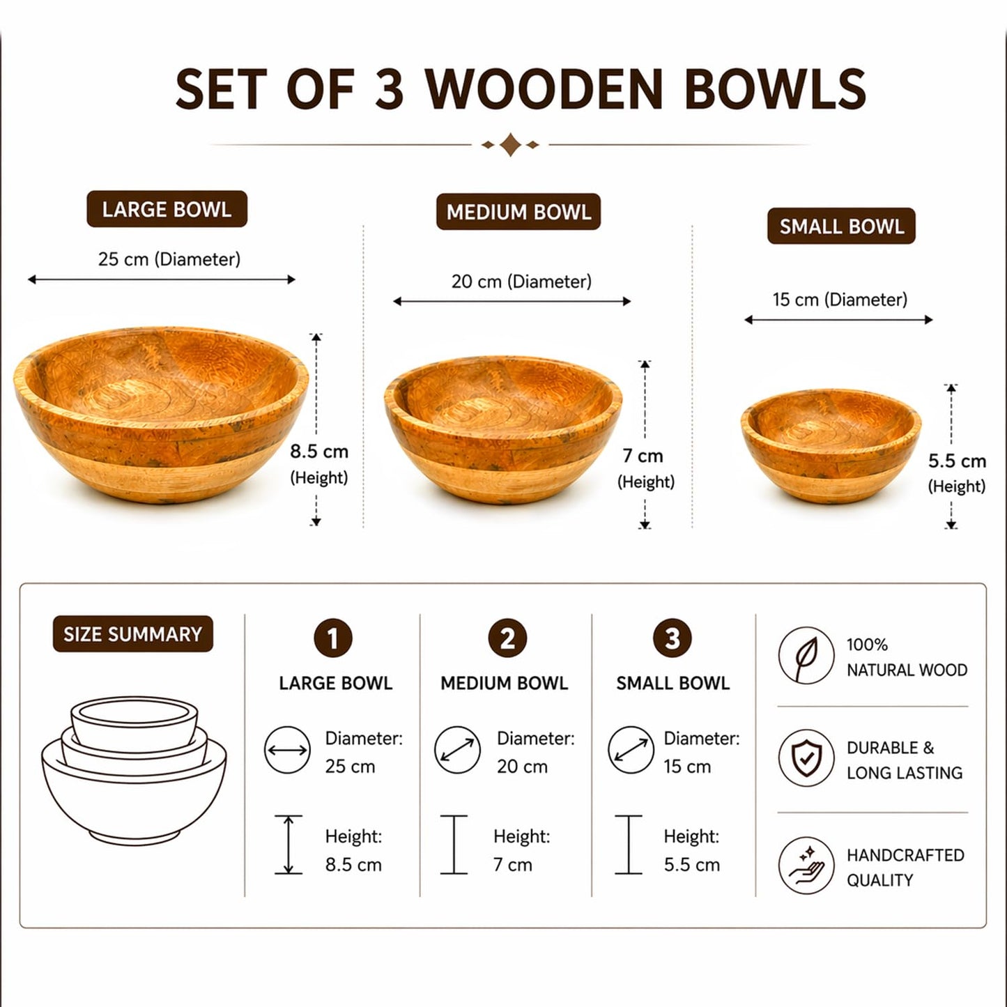 Wooden Bowl Set of 3 β Large Salad Bowl, Medium & Small Serving Bowls | Eco-Friendly Kitchen Serving Bowls for Dining & Home