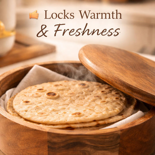 Handcrafted Premium Finish Roti Casserole for Kitchen | Mango Wood Hotcase for roti | Chapati Box | Round Hot Pot, Roti Dabba with Lid