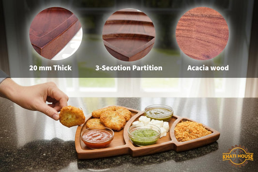 Acacia Wood Snack Serving Tray with 3 Compartments for Dry Fruits, Namkeen, Dips & Starters