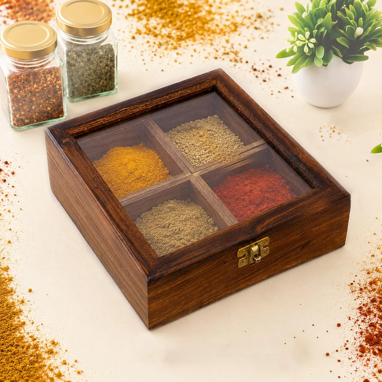 Sheesham Wood Spice Box – 4 Compartments Masala Box/Masala Dabba/Masala Container/Dry Fruits Organizer for Kitchen | Decorative Handmade Wooden Storage Box 20 x 20 x 6 Cm (Brown)