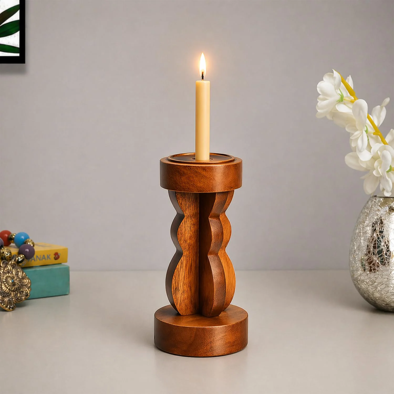 Wooden Candle Holder for Home Décor (23.5 cm) – Premium Acacia Wood Pillar Candle Stand with Metal Cup & Anti-Slip Base | Rustic Modern Table Centerpiece for Living Room, Dining & Festive Decoration