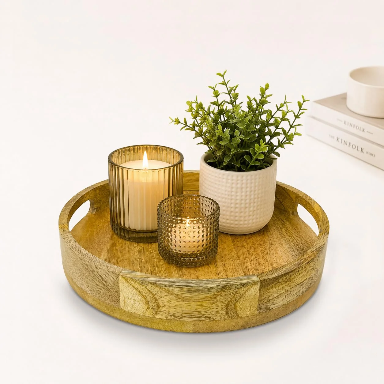 Premium Acacia Wood Round Serving Tray with Handles – 24.5 cm Wooden Serving Tray for Breakfast, Tea & Coffee | Food-Safe Decorative Tray for Home Décor, Kitchen & Dining