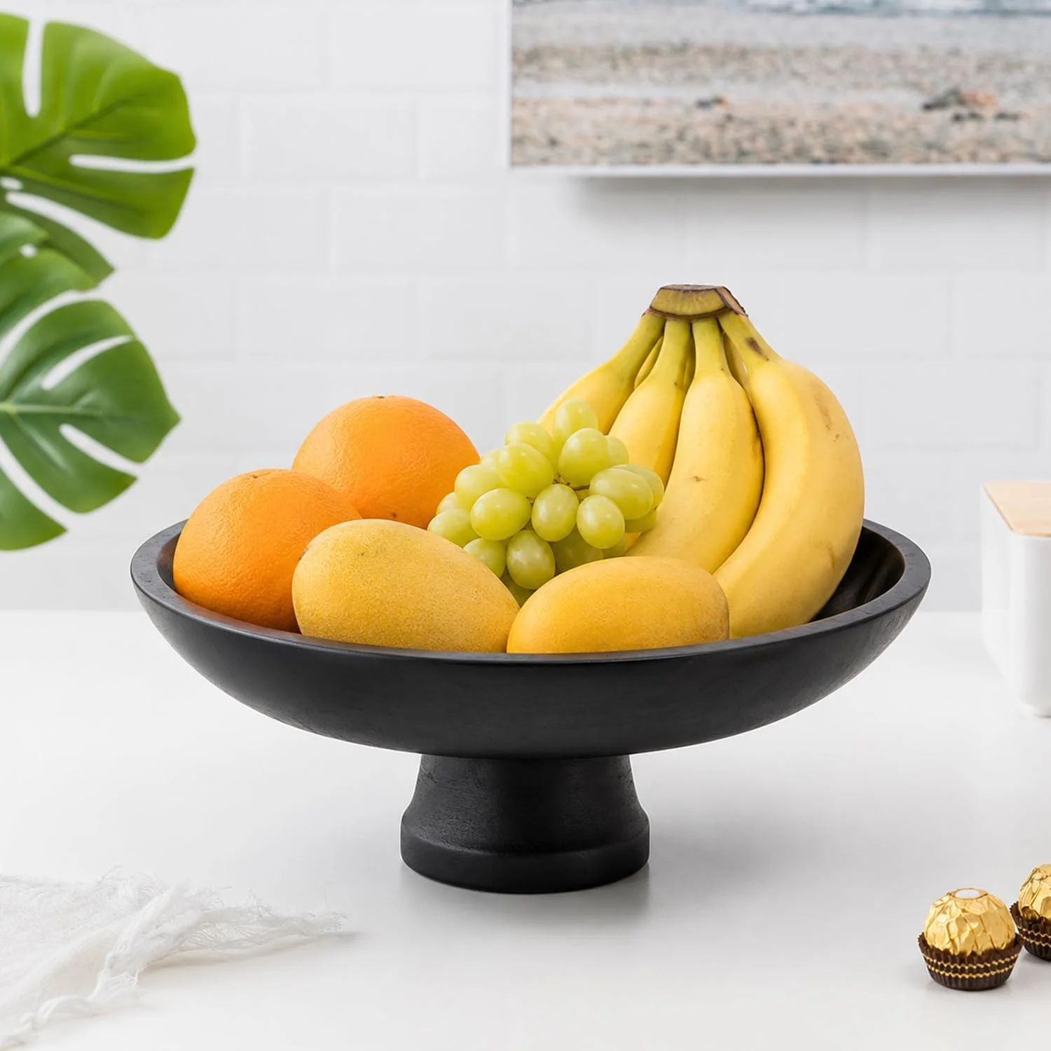 Wooden Fruit Bowl Stand, Mango Wood Pedestal Serving Bowl, Handcrafted Food Organizer Tray for Dining Table, Kitchen Counter Décor, 12 X 5.5 Inch (Black)