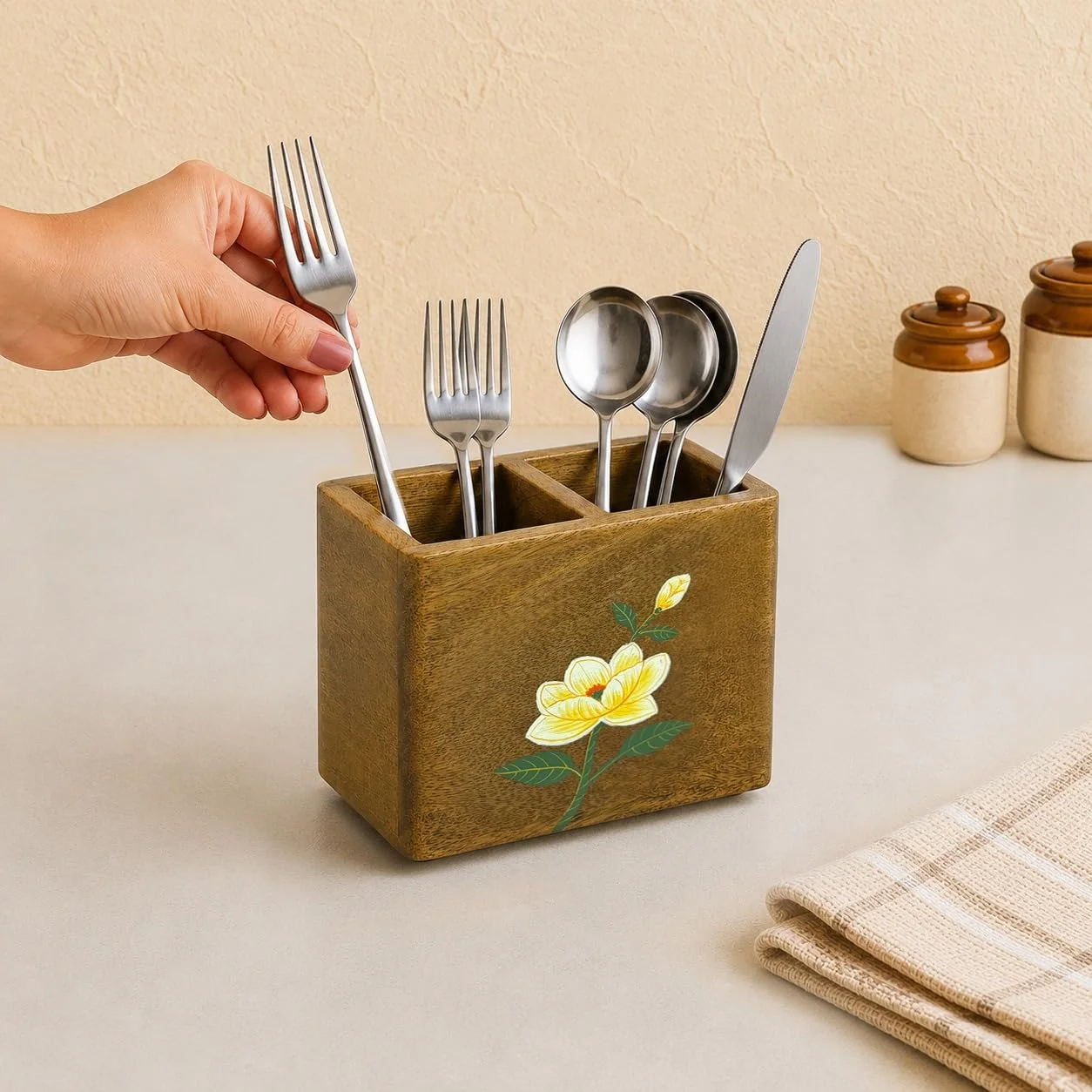Handmade Wooden Floral Multipurpose Cutlery Holder | Spoon Stand & Organizer for Kitchen & Dining Table | 2 Compartments | 14 x 9 x 12 Cm 5.5 x 3.5 x 4.7 Inch