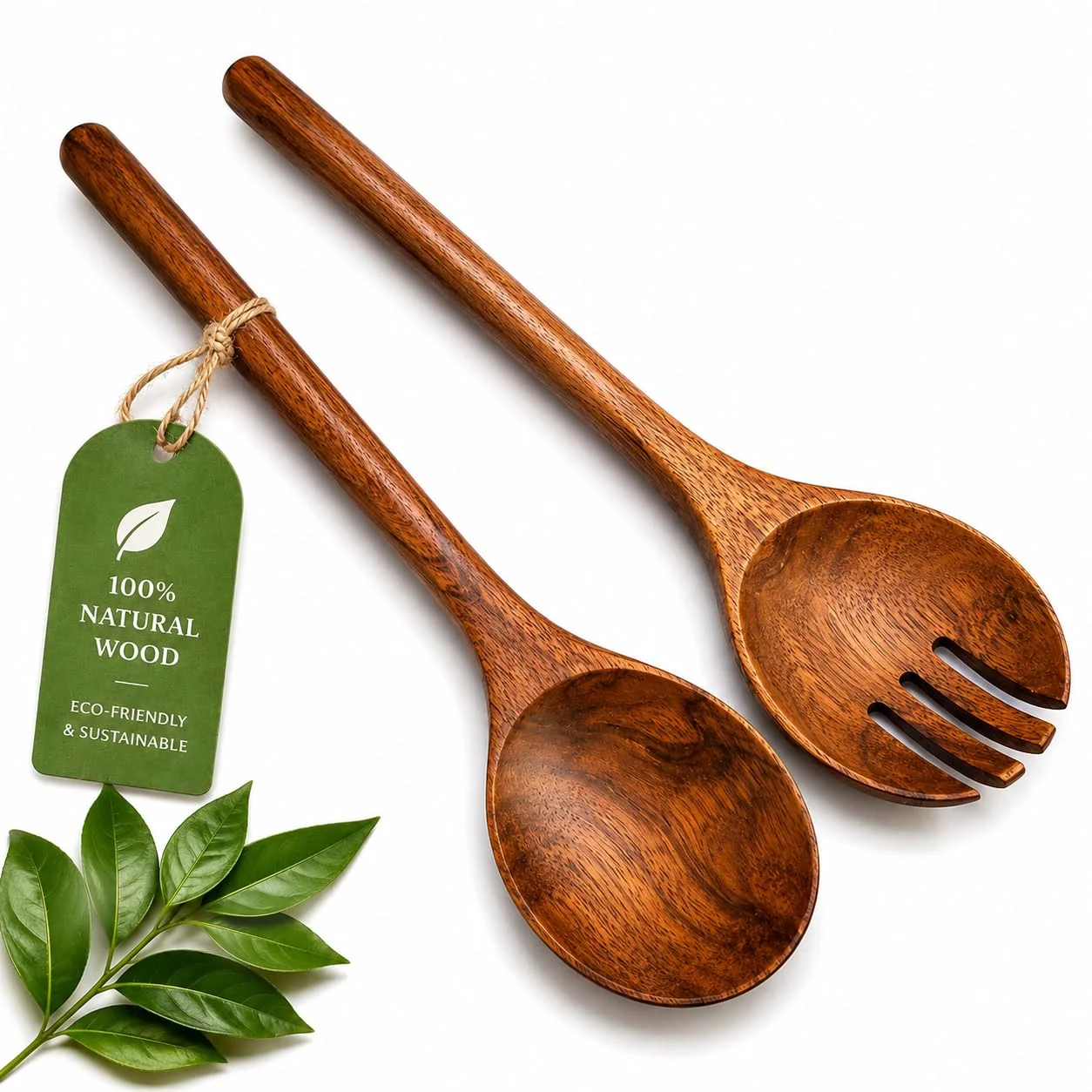 Wood Cooking Spoon Set of 2 – Acacia Wooden Spoon & Slotted Spoon for Cooking 29 x 6.5 cm Long Handle | Non-Toxic, Heat Resistant, Eco-Friendly Kitchen Utensils