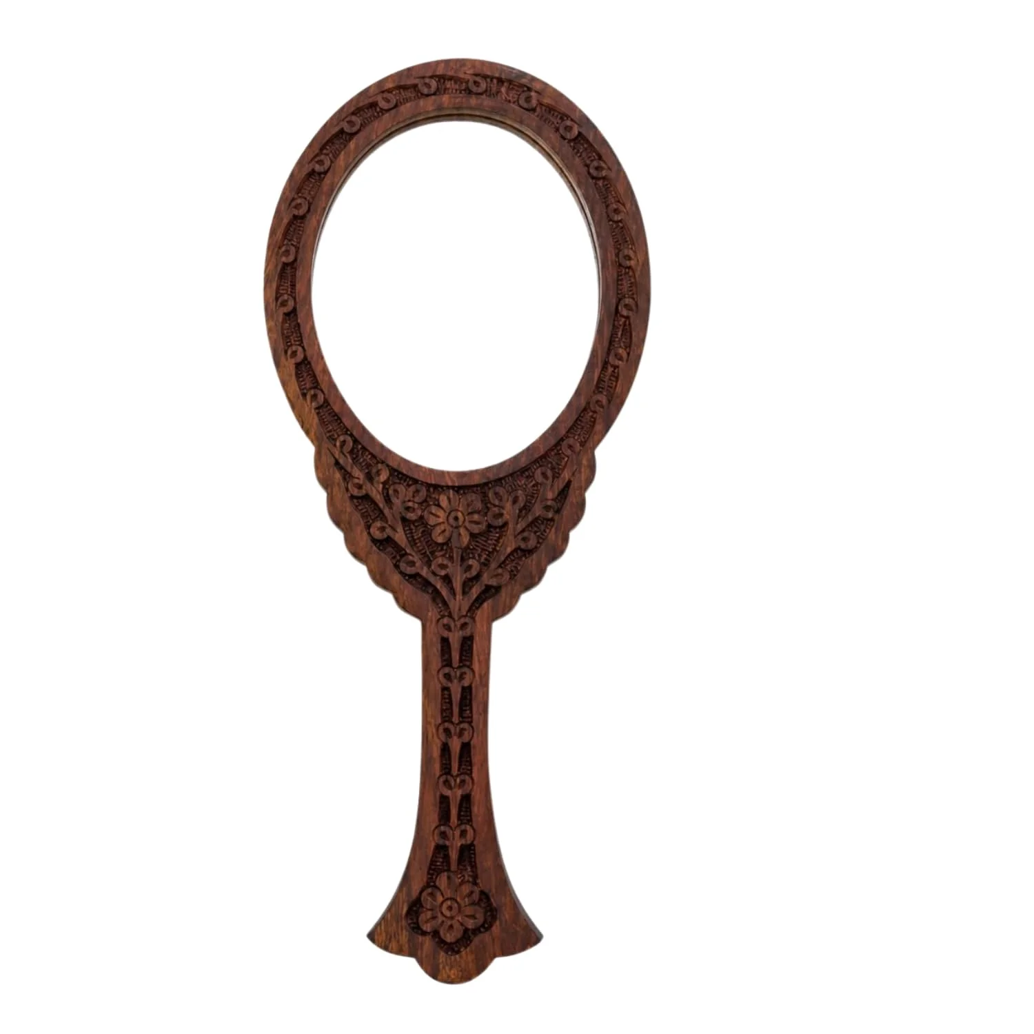 Handcrafted Sheesham Wood Hand Mirror – Carved Wooden Dressing Mirror | Vintage Makeup Mirror with Decorative Engraved Frame | Handheld Vanity Mirror for Women | 27.5 x 11.5 cm