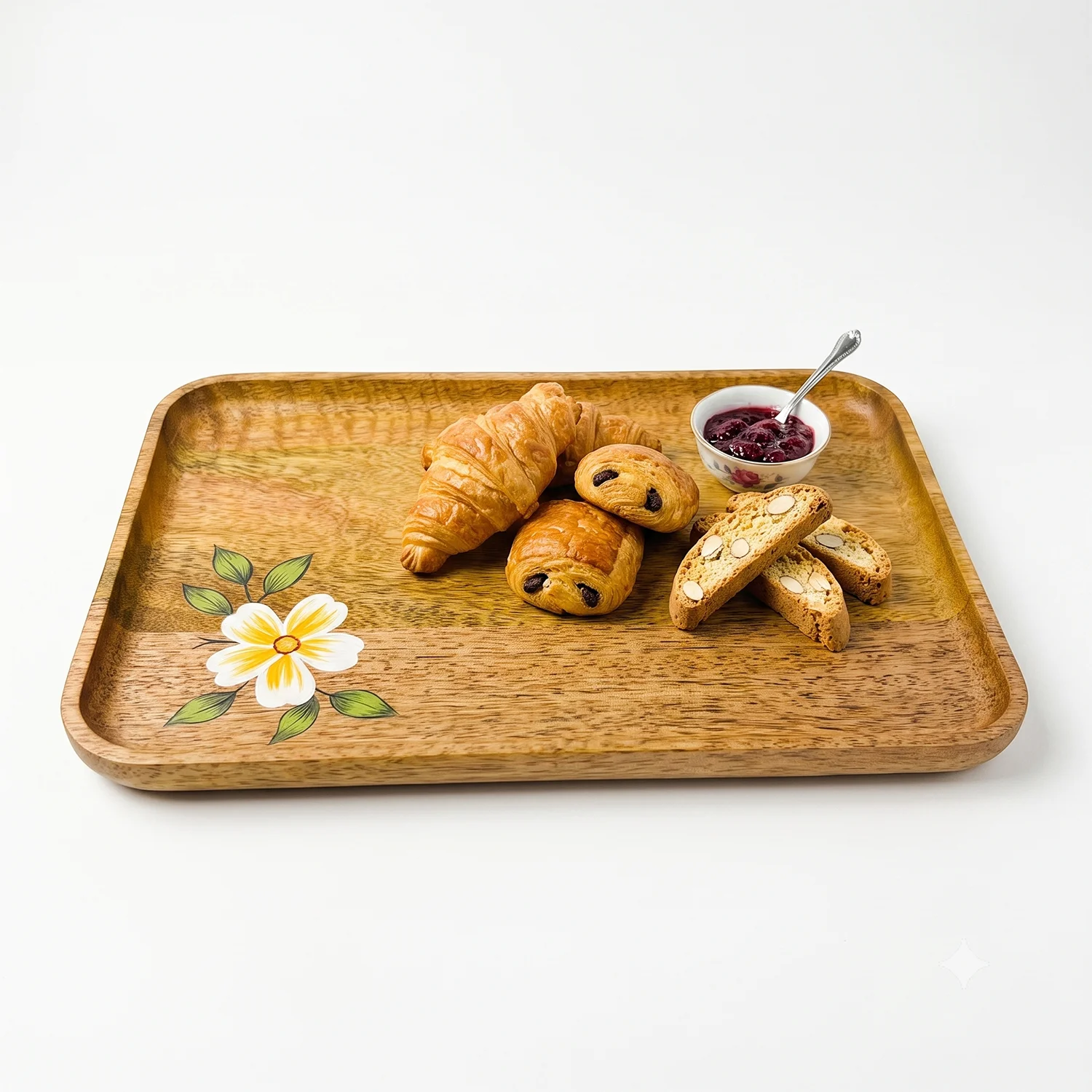 KHATI HOUSE Homecraft Mango Wood Serving Tray with Floral Design | Rectangular Wooden Breakfast Tray | Tea Coffee Snack Serving Platter | Food Serving | 24.5 x 16 cm