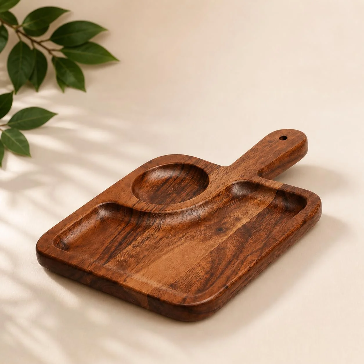 Acacia Wood Snack Serving Tray with Handle – Rustic Wooden Platter with Dip Compartment for Fries, Snacks & Appetizers | Natural Brown Rectangular Serving Board | 21.6 × 12.7 × 1.5 cm