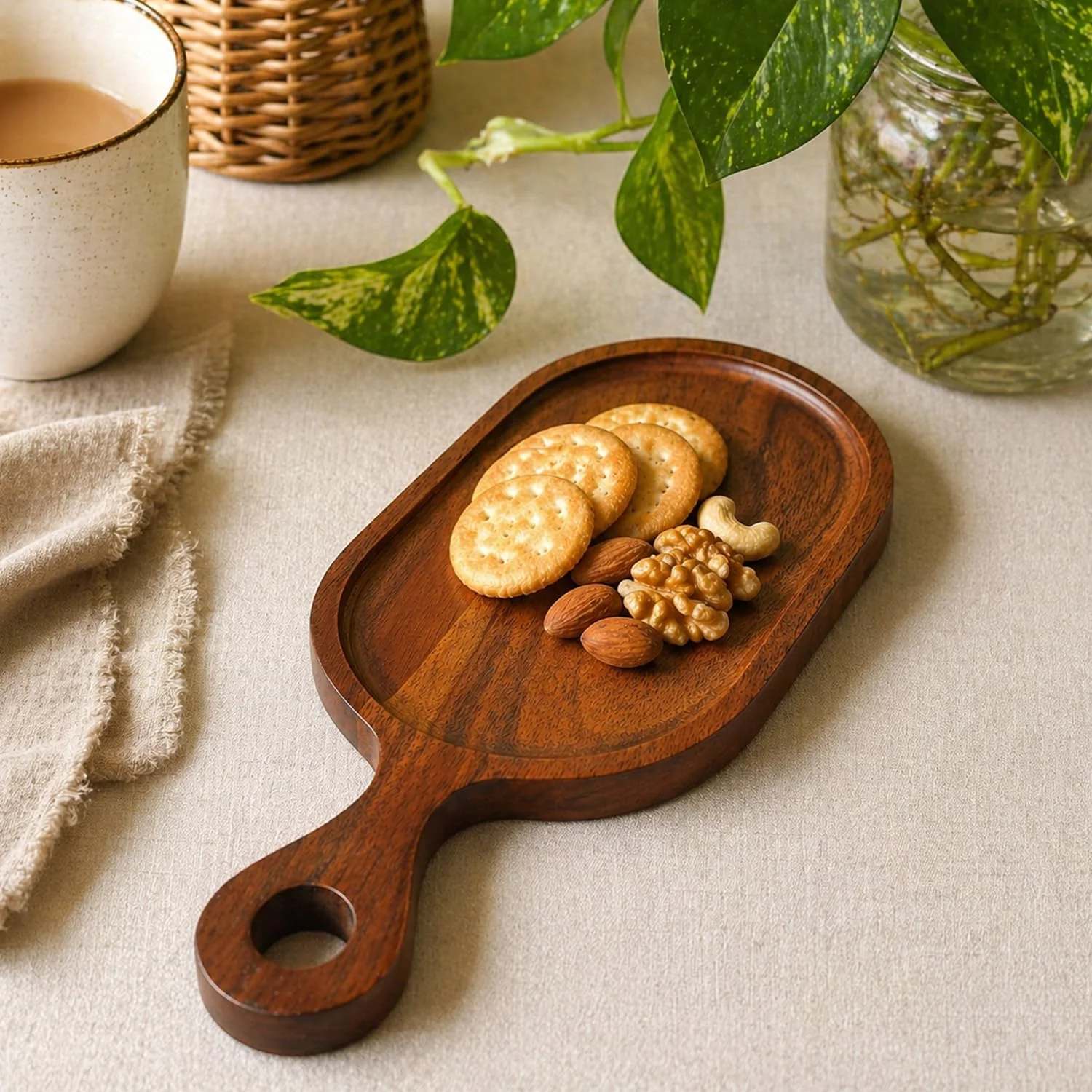 Acacia Wood Serving Tray with Handle – Small Wooden Snack & Fries Platter with Dip Section | Food-Safe Rustic Serving Board for Snacks, Appetizers & Finger Foods | 21.6 × 12.7 × 1.5 cm