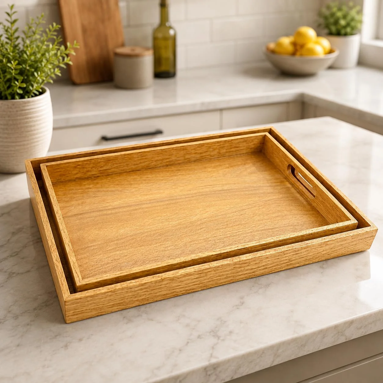 Wooden Serving Tray Set of 2 (Large & Small) – Premium Solid Wood Serving Trays with Handles | Breakfast, Coffee Table, Kitchen & Ottoman Serving Platter | Durable Multipurpose Food Trays