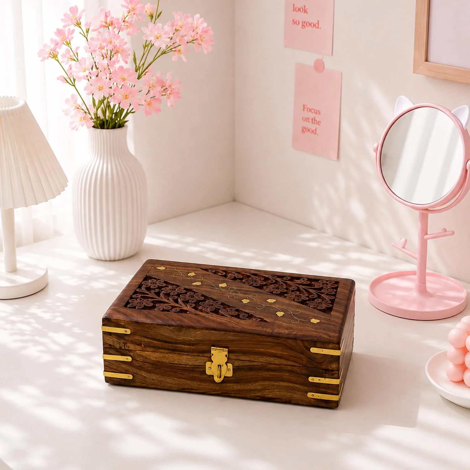 Wooden Good Luck Box with Brass Design – Handmade Jewellery Organizer & Decorative Storage Case for Women | Necklace, Cash, Gold & Keepsake Storage | 8 x 5 Inches