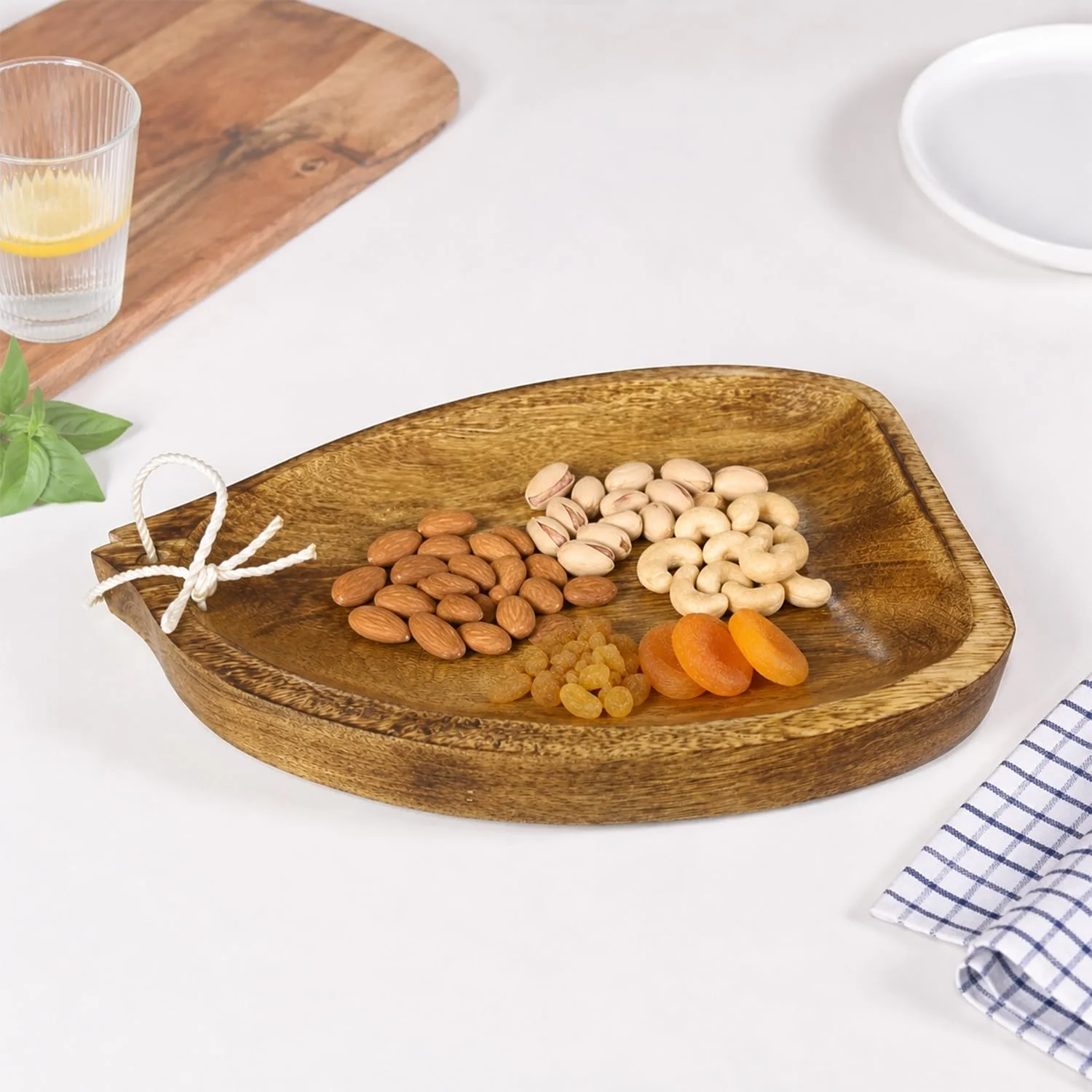 Wooden Serving Tray for Snacks & Dry Fruits | Handmade Mango Wood Decorative Platter with Rope Handle | Rustic Serving Plate for Kitchen, Dining Table & Home Décor | 30 x 21.5 x 2.5 cm