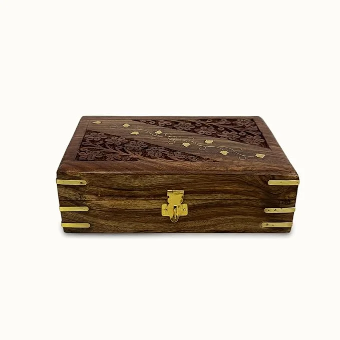 Handmade Wooden Jewelry Box with Brass Engraving Design – Decorative Jewellery Organizer for Rings, Earrings & Necklaces | Wooden Storage Gift Box for Women | 6 x 4 x 2.25 Inches