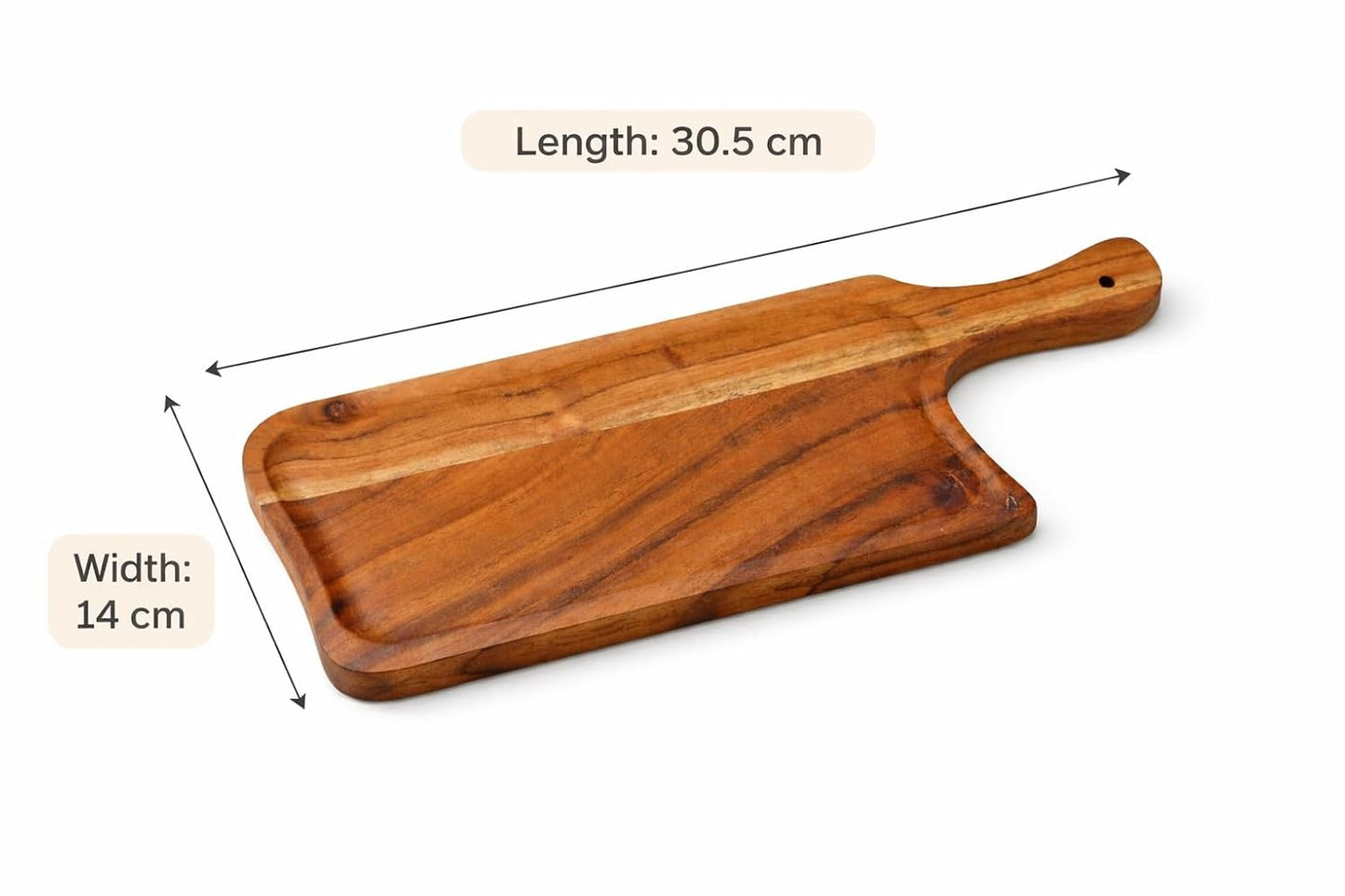 Large Acacia Wood Serving Tray with Handle – Wooden Burger Fries Platter, Food Safe Rustic Serving Board for Snacks, Appetizers & Bread, Kitchen Café Restaurant Use (30.5 × 14 × 1.5 cm)