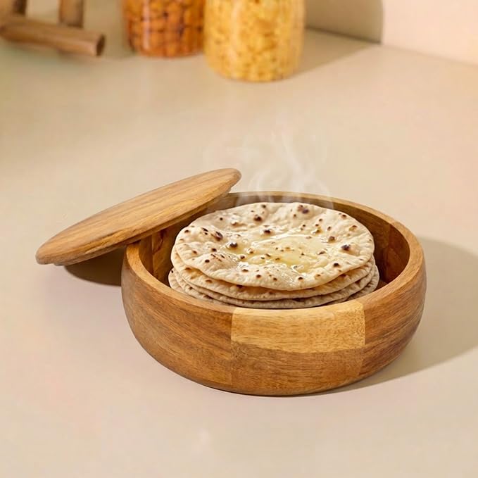 Premium Mango Wood Roti Box with Lid | Wooden Chapati Storage Box | Handmade Roti Container for Kitchen