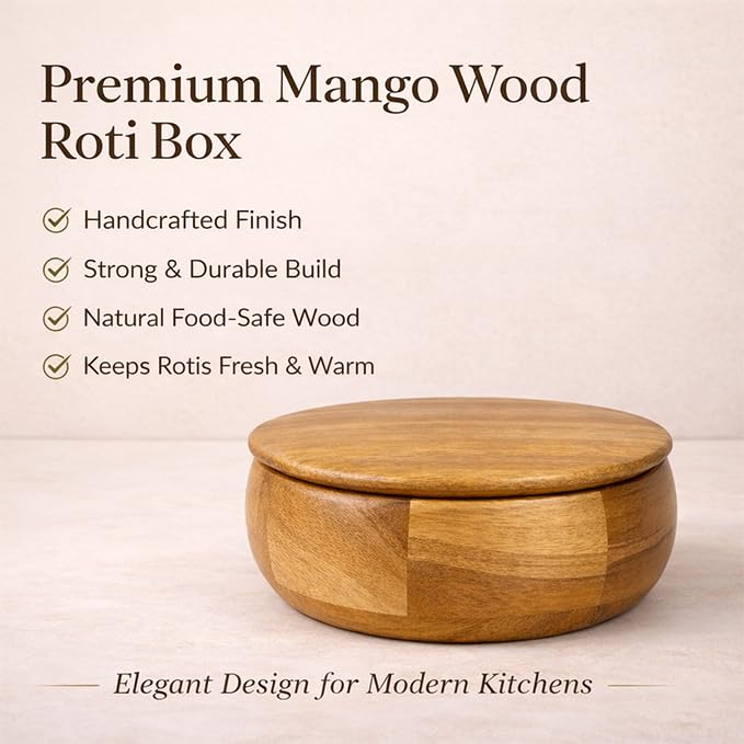 Premium Mango Wood Roti Box with Lid | Wooden Chapati Storage Box | Handmade Roti Container for Kitchen
