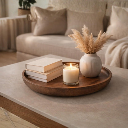 Decorative Round Wood Tray, Wood Serving Tray for Kitchen, Dining Room, Coffee Table & Home Decor
