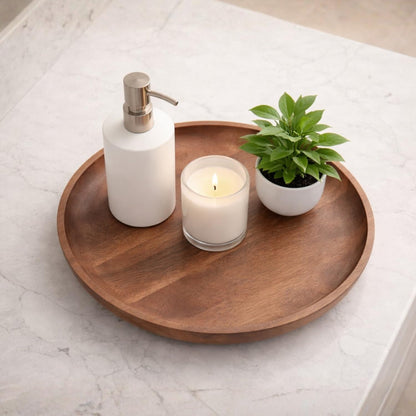 Decorative Round Wood Tray, Wood Serving Tray for Kitchen, Dining Room, Coffee Table & Home Decor
