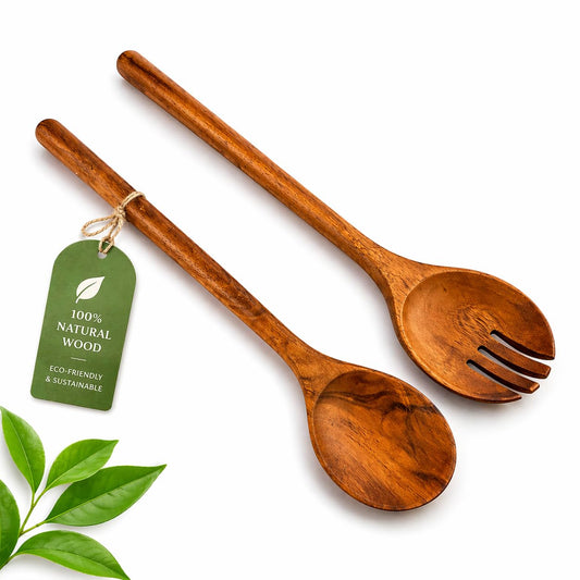 Wood Cooking Spoon Set of 2 – Acacia Wooden Spoon & Slotted Spoon for Cooking 29 x 6.5 cm Long Handle | Non-Toxic, Heat Resistant, Eco-Friendly Kitchen Utensils