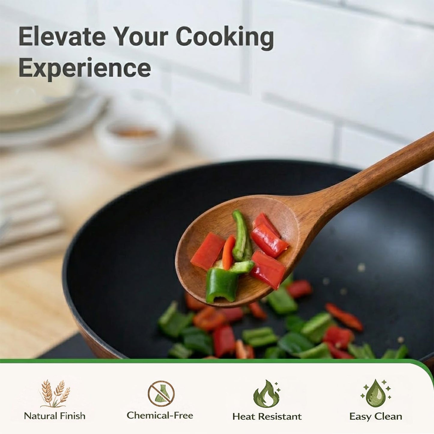 Wood Cooking Spoon Set of 2 – Acacia Wooden Spoon & Slotted Spoon for Cooking 29 x 6.5 cm Long Handle | Non-Toxic, Heat Resistant, Eco-Friendly Kitchen Utensils