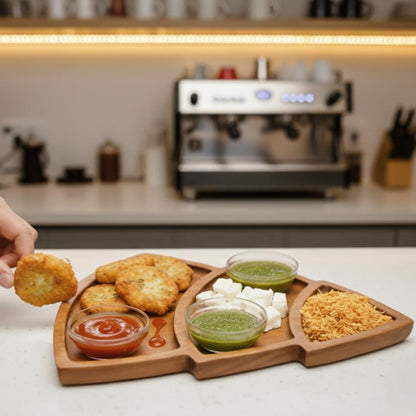 Acacia Wood Snack Serving Tray with 3 Compartments for Dry Fruits, Namkeen, Dips & Starters