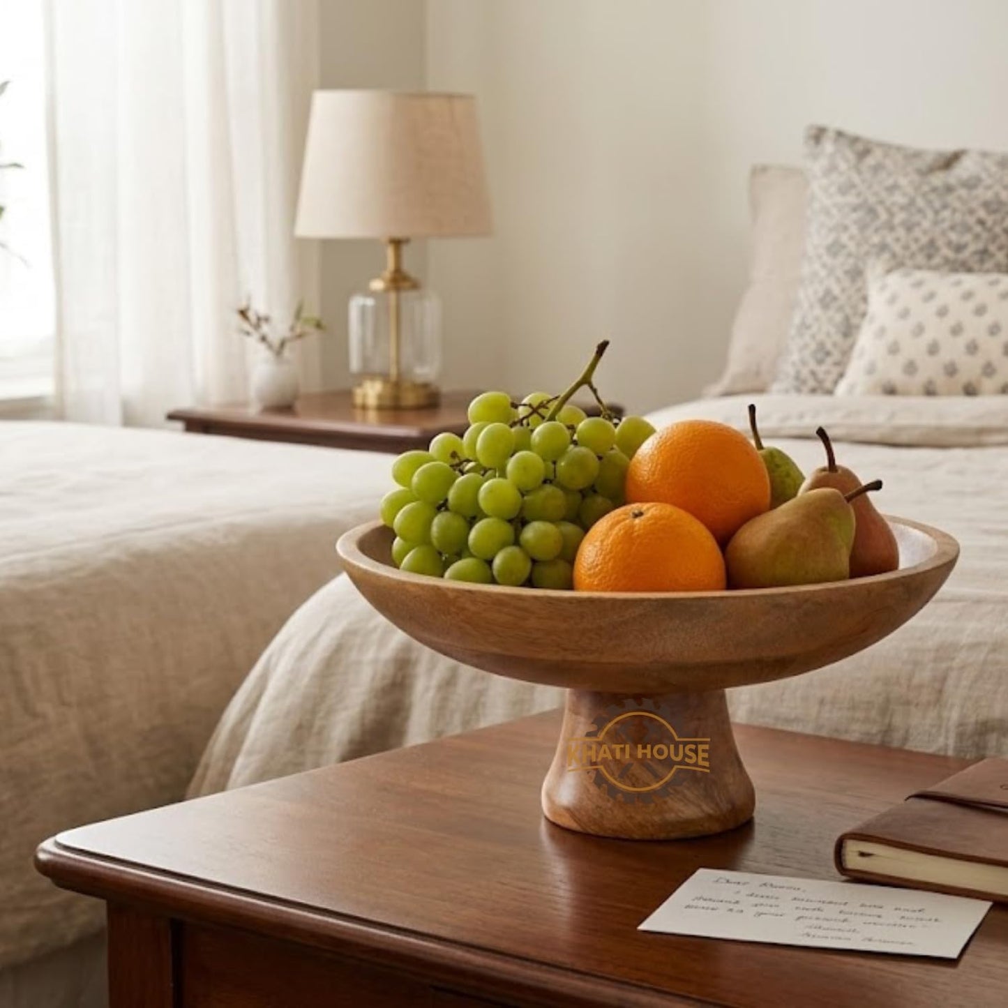 Wood Fruit Bowl 12-inch | Decorative Pedestal Bowl for Table Décor, Kitchen Counter, Farmhouse Centerpiece