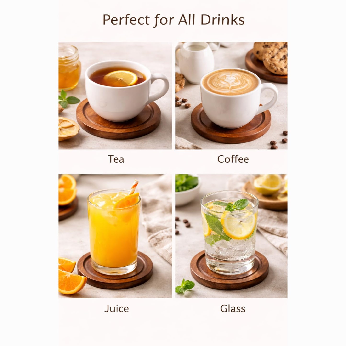Tea Coasters Set of 4 | Wooden Tea Coasters Set for Glass Cup, Tabletop Protection for Coffee, Tea, Dining & Home Décor