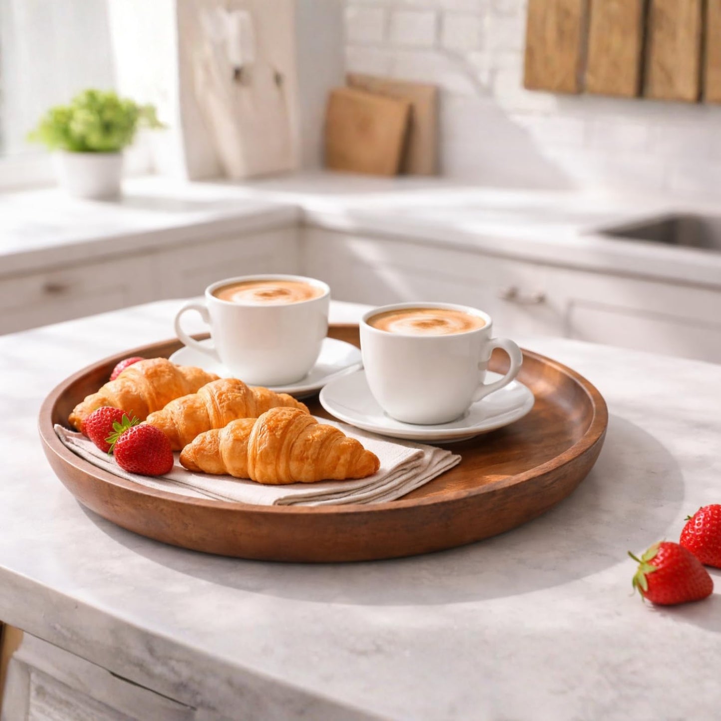 Decorative Round Wood Tray, Wood Serving Tray for Kitchen, Dining Room, Coffee Table & Home Decor