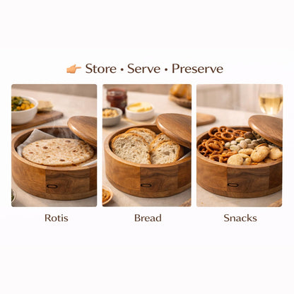 Handcrafted Premium Finish Roti Casserole for Kitchen | Mango Wood Hotcase for roti | Chapati Box | Round Hot Pot, Roti Dabba with Lid