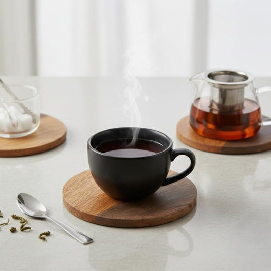 Wooden Tea Coasters Set of 4, Round, 9.5 cm, 5 mm Thick, with Anti-Slip Pads, for Cups, Glasses & Mugs, Table Protection