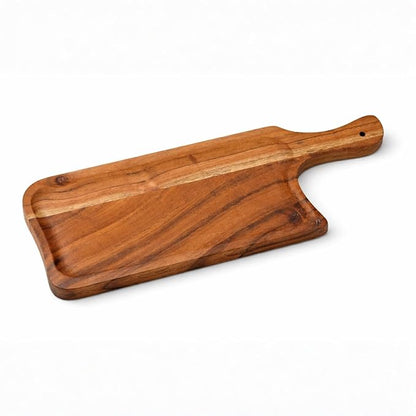 Large Acacia Wood Serving Tray with Handle – Wooden Burger Fries Platter, Food Safe Rustic Serving Board for Snacks, Appetizers & Bread, Kitchen Café Restaurant Use (30.5 × 14 × 1.5 cm)