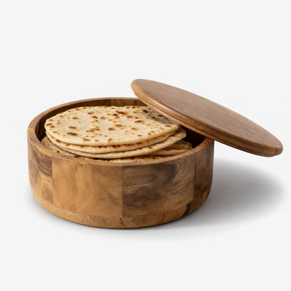 Handcrafted Premium Finish Roti Casserole for Kitchen | Mango Wood Hotcase for roti | Chapati Box | Round Hot Pot, Roti Dabba with Lid