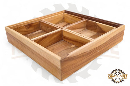 Acacia Wood Snack Serving Tray with 4 Compartments, Wooden Dry Fruit Box Organizer, Multipurpose Sectional Platter for Nuts, Snacks, Mukhwas, Candy | Kitchen Dining Table Organizer