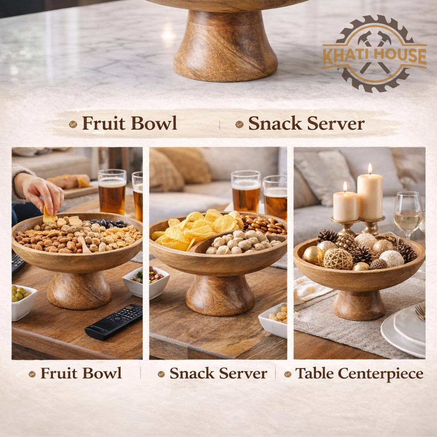 Wood Fruit Bowl 12-inch | Decorative Pedestal Bowl for Table Décor, Kitchen Counter, Farmhouse Centerpiece