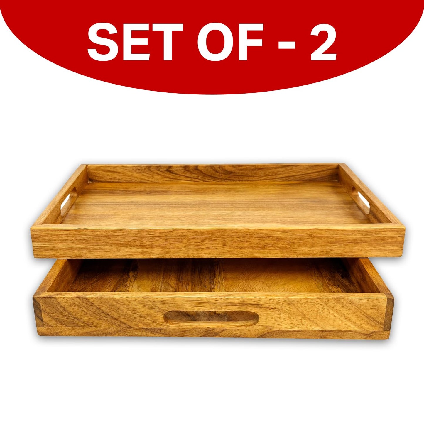 Wooden Serving Tray Set of 2 (Large & Small) – with Handles – Breakfast, Coffee Table, Kitchen & Ottoman Serving Platter