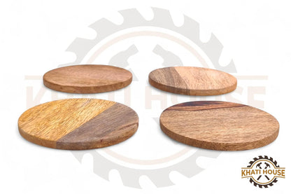 Wooden Tea Coasters Set of 4, Round, 9.5 cm, 5 mm Thick, with Anti-Slip Pads, for Cups, Glasses & Mugs, Table Protection