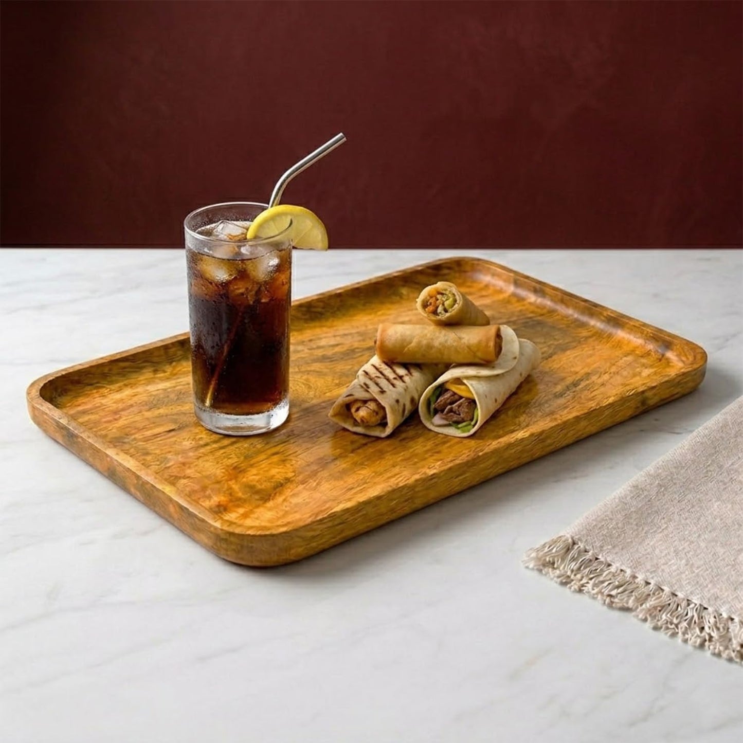 Wooden Serving Tray for Kitchen & Dining | 24.5 x 16 Cm | Multipurpose Food Serving Platter with Anti-Skid Pads