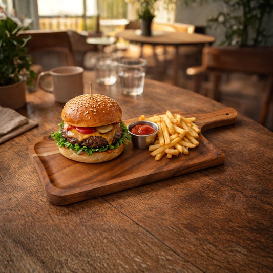 Large Acacia Wood Serving Tray with Handle – Wooden Burger Fries Platter, Food Safe Rustic Serving Board for Snacks, Appetizers & Bread, Kitchen Café Restaurant Use (30.5 × 14 × 1.5 cm)
