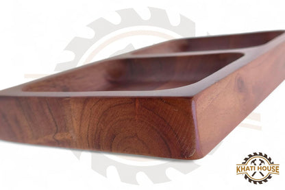 Wooden Dry Fruit Tray | Acacia Wood 2 Section Snack Serving Tray | Nuts, Namkeen, Dips & Appetizer Platter | Small Wooden Serving Plate 22.86 x 12.7 cm