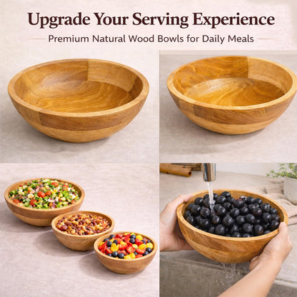 Wooden Bowl Set of 3 – Large Salad Bowl, Medium & Small Serving Bowls | Eco-Friendly Kitchen Serving Bowls for Dining & Home