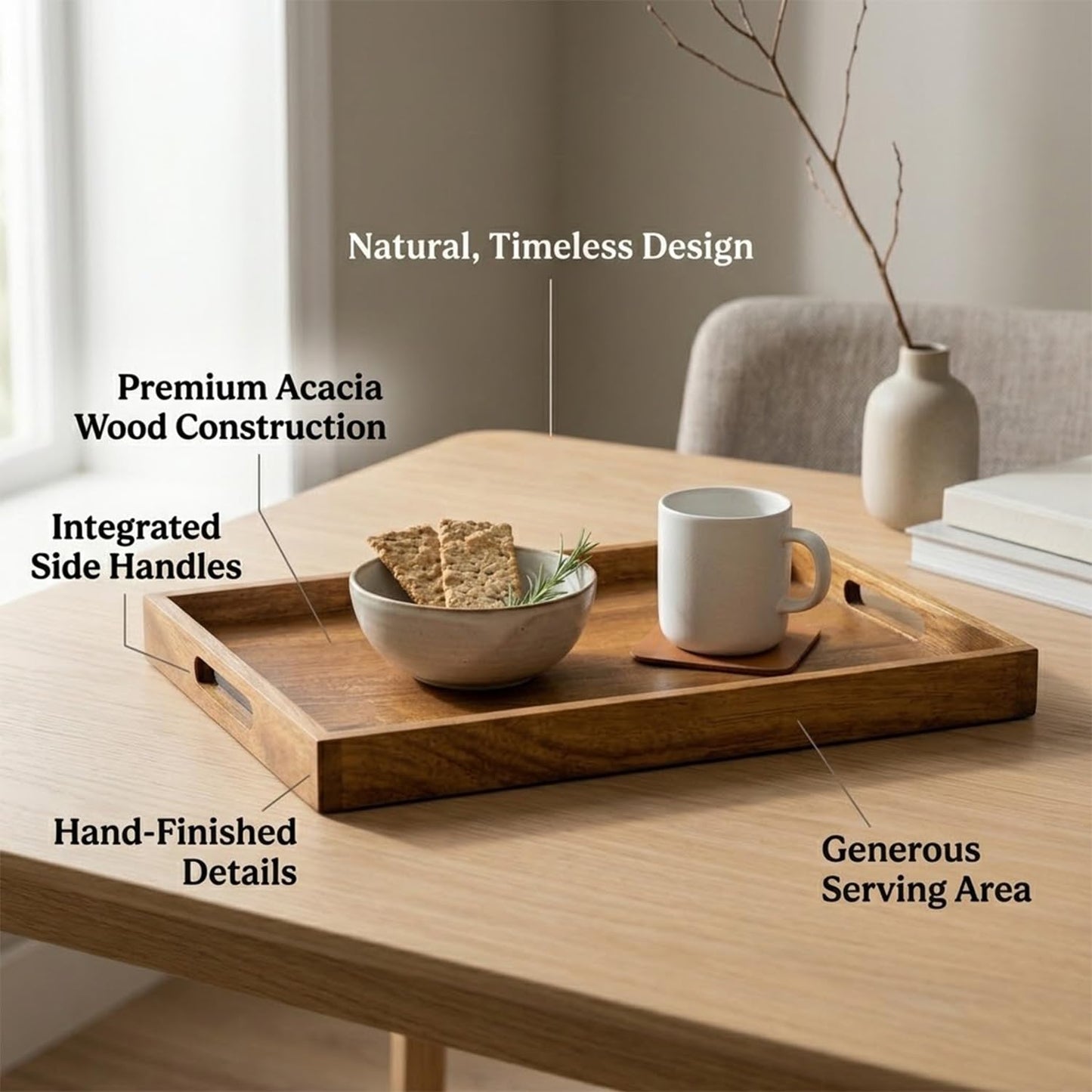 Wooden Serving Tray Set of 2 (Large & Small) – with Handles – Breakfast, Coffee Table, Kitchen & Ottoman Serving Platter