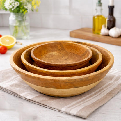 Wooden Bowl Set of 3 – Large Salad Bowl, Medium & Small Serving Bowls | Eco-Friendly Kitchen Serving Bowls for Dining & Home