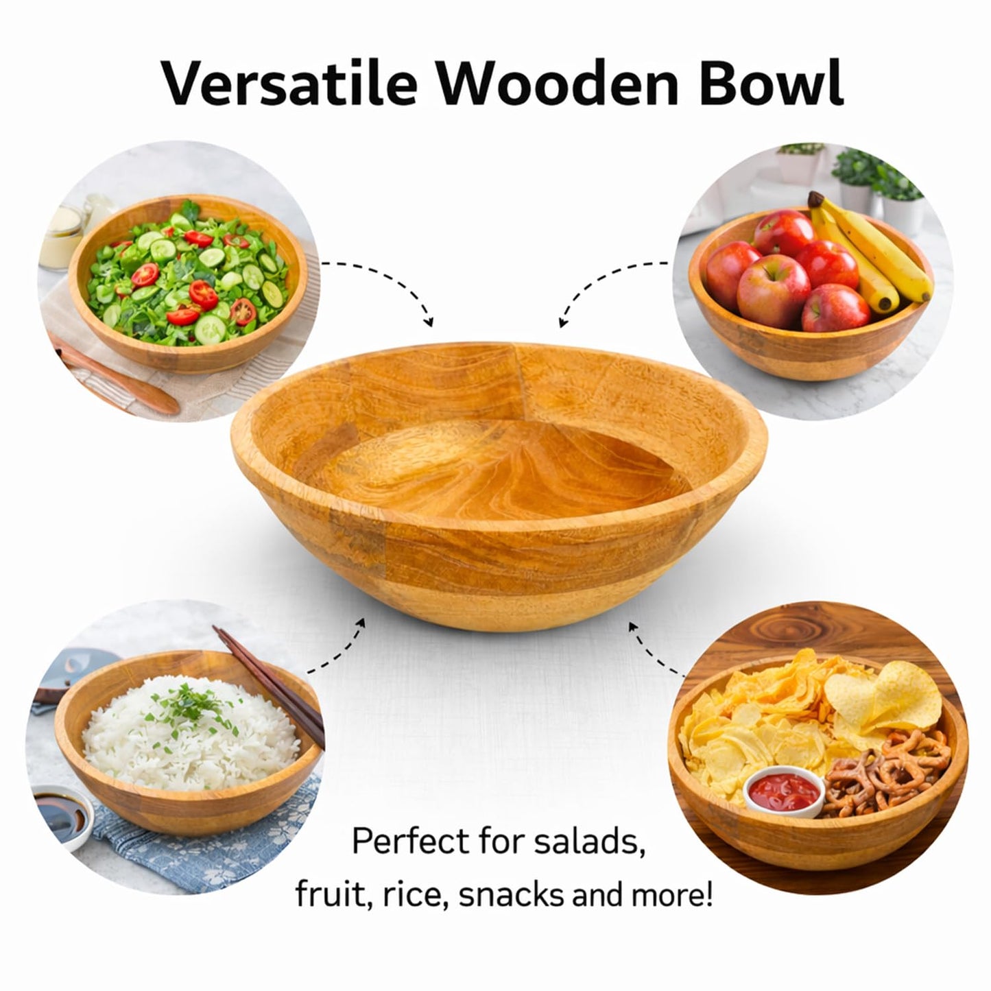 Wooden Bowl Set of 3 – Large Salad Bowl, Medium & Small Serving Bowls | Eco-Friendly Kitchen Serving Bowls for Dining & Home