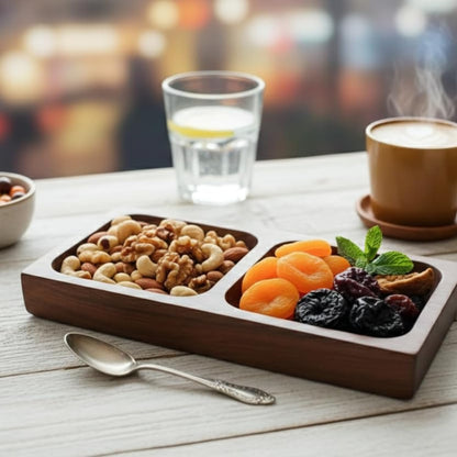Wooden Dry Fruit Tray | Acacia Wood 2 Section Snack Serving Tray | Nuts, Namkeen, Dips & Appetizer Platter | Small Wooden Serving Plate 22.86 x 12.7 cm