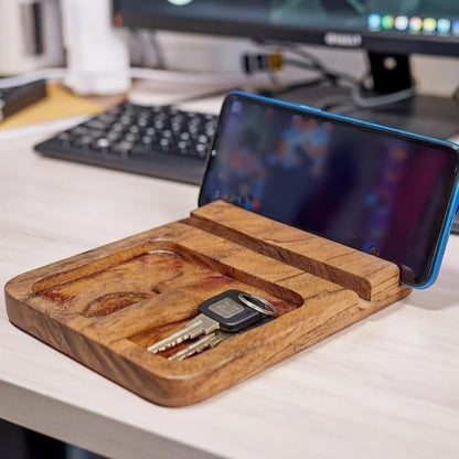 Wooden Desk Organizer with Mobile Stand – Mango Wood Office Desk Organiser Tray for Phone, Keys, Wallet & Accessories | Handcrafted Desktop Storage Holder for Home & Office