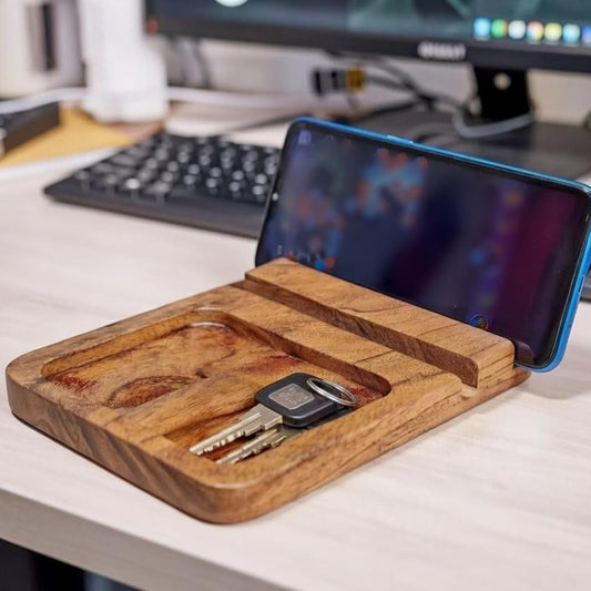 Wooden Desk Organizer with Mobile Stand – Mango Wood Office Desk Organiser Tray for Phone, Keys, Wallet & Accessories | Handcrafted Desktop Storage Holder for Home & Office