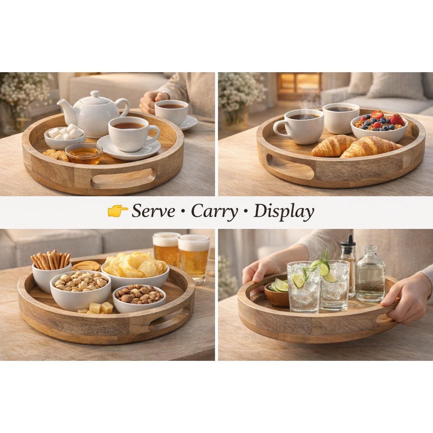Wooden Serving Tray | Decorative Tray | Table Rustic Farmhouse Trays Centerpiece for Home Decore, Living Room, Kitchen Counter