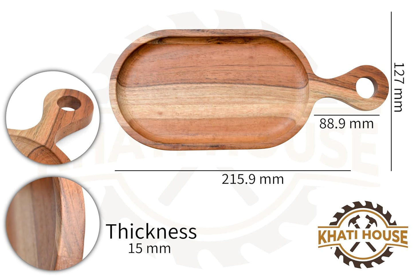 Acacia Wood Serving Tray with Handle for Snacks, Kitchen Home Café Restaurant (21.6 × 12.7 × 1.5 cm)