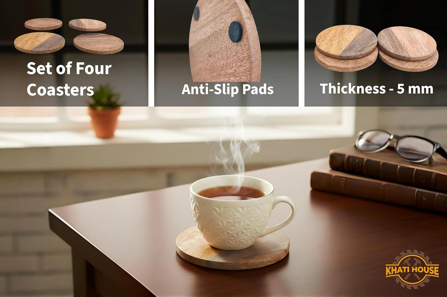 Wooden Tea Coasters Set of 4, Round, 9.5 cm, 5 mm Thick, with Anti-Slip Pads, for Cups, Glasses & Mugs, Table Protection