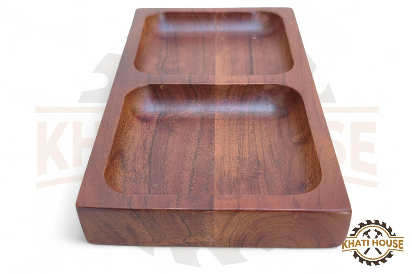 Wooden Dry Fruit Tray | Acacia Wood 2 Section Snack Serving Tray | Nuts, Namkeen, Dips & Appetizer Platter | Small Wooden Serving Plate 22.86 x 12.7 cm